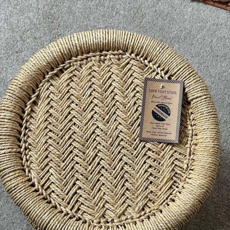 Hand made Natural Wood CANE FOOT STOOL /MOODHA / Seating stool - Boho style - Sturdy -Indoor / Outdoor Use - About Home