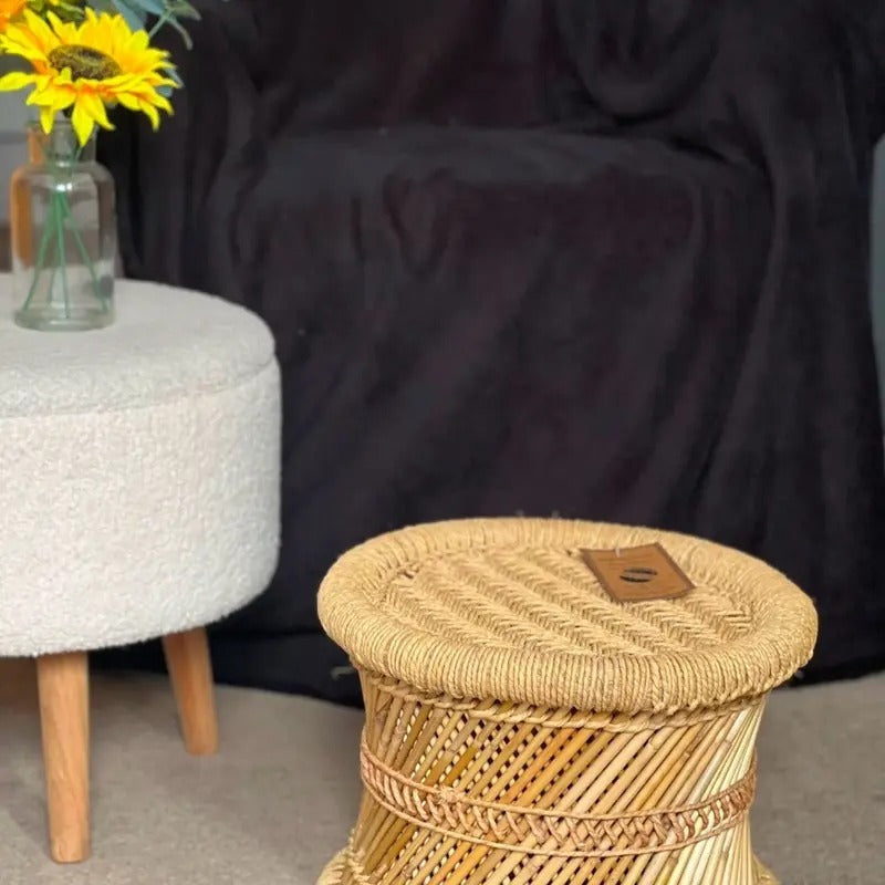 Hand made Natural Wood CANE FOOT STOOL /MOODHA / Seating stool - Boho style - Sturdy -Indoor / Outdoor Use - About Home