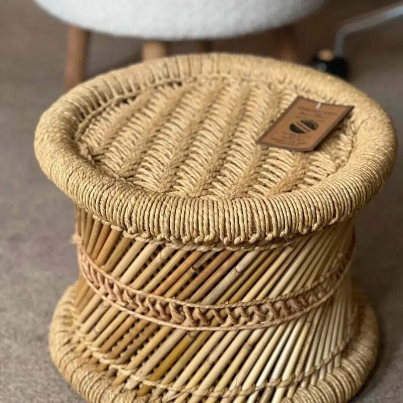 Hand made Natural Wood CANE FOOT STOOL /MOODHA / Seating stool - Boho style - Sturdy -Indoor / Outdoor Use - About Home
