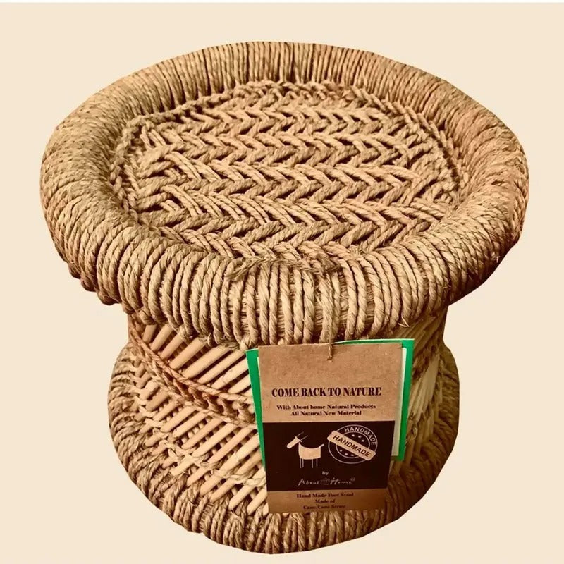 Hand made Natural Wood CANE FOOT STOOL /MOODHA / Seating stool - Boho style - Sturdy -Indoor / Outdoor Use - About Home