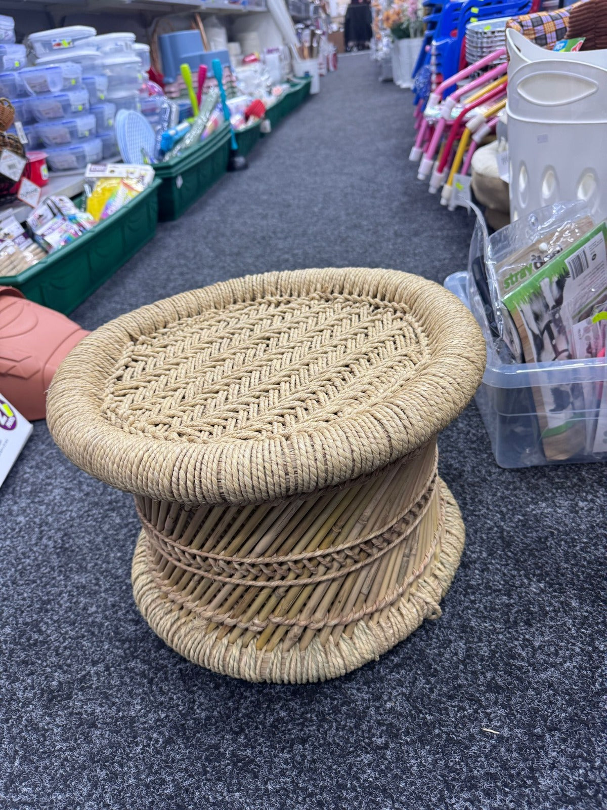 Hand made Natural Wood CANE FOOT STOOL /MOODHA / Seating stool - Boho style - Sturdy -Indoor / Outdoor Use - About Home