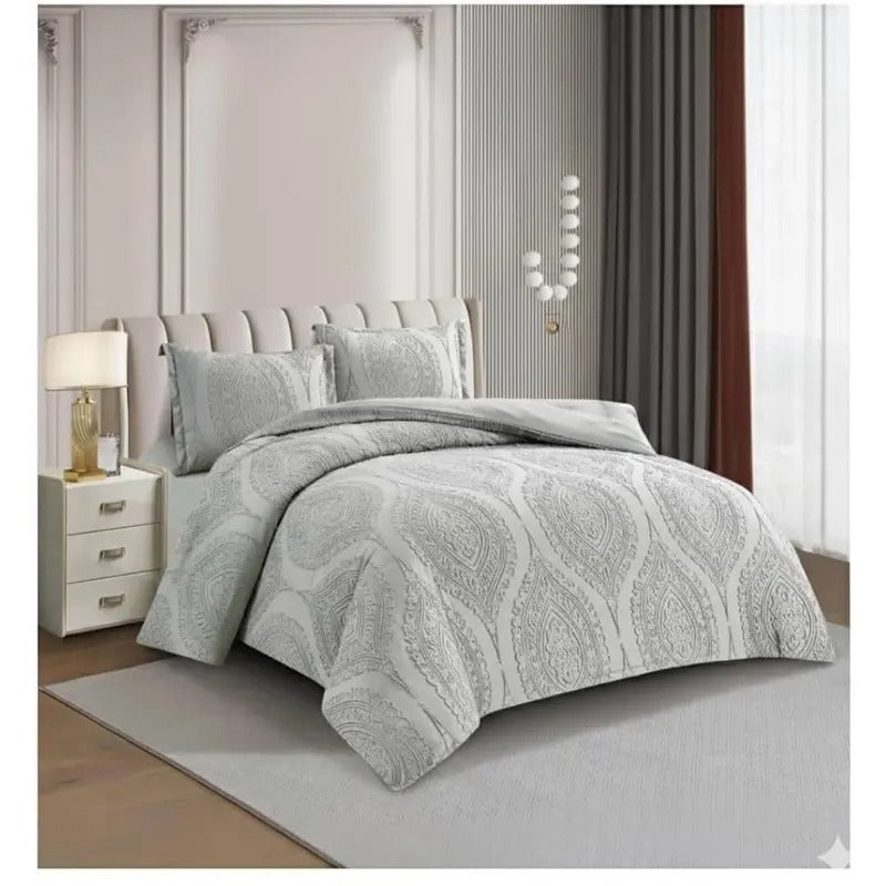 Double Duvet Cover Set with Fitted Sheet and Pillowcase - 4 Piece Bedding Sets - Luxury Damask Pattern Poly Cotton Quilt Covers Bed