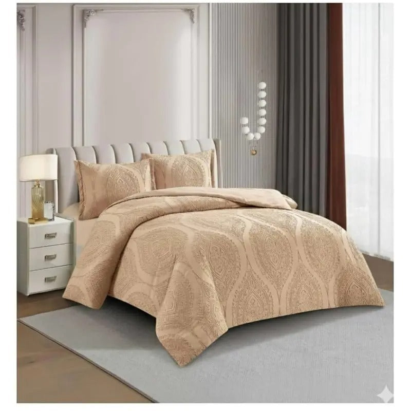 Double Duvet Cover Set with Fitted Sheet and Pillowcase - 4 Piece Bedding Sets - Luxury Damask Pattern Poly Cotton Quilt Covers Bed