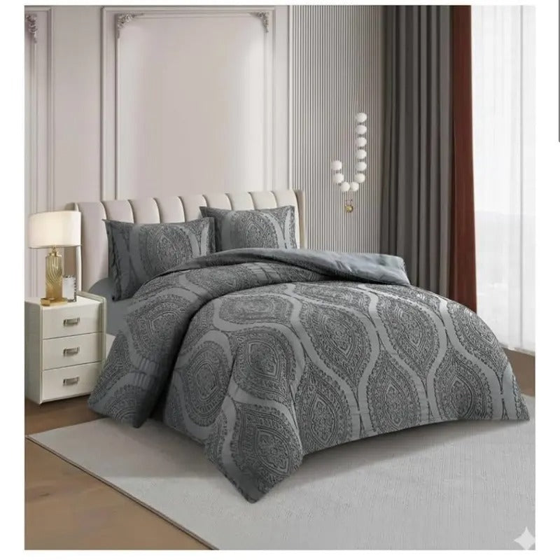 Double Duvet Cover Set with Fitted Sheet and Pillowcase - 4 Piece Bedding Sets - Luxury Damask Pattern Poly Cotton Quilt Covers Bed