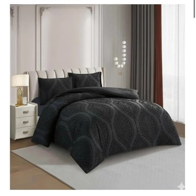 Double Duvet Cover Set with Fitted Sheet and Pillowcase - 4 Piece Bedding Sets - Luxury Damask Pattern Poly Cotton Quilt Covers Bed