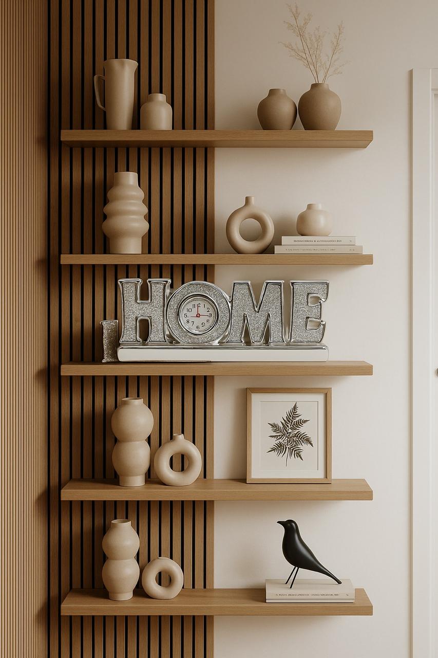 Home Sign Ornament with Clock and Crushed Diamond Crystals - Elegant Sparkling, Luxury Bling Home Decor Decorative Tabletop Display with Functional Clock