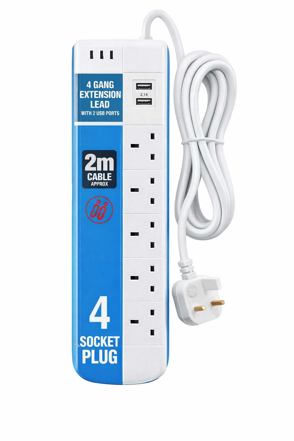 4 Way Gang Extension Lead 2 Metre Cable