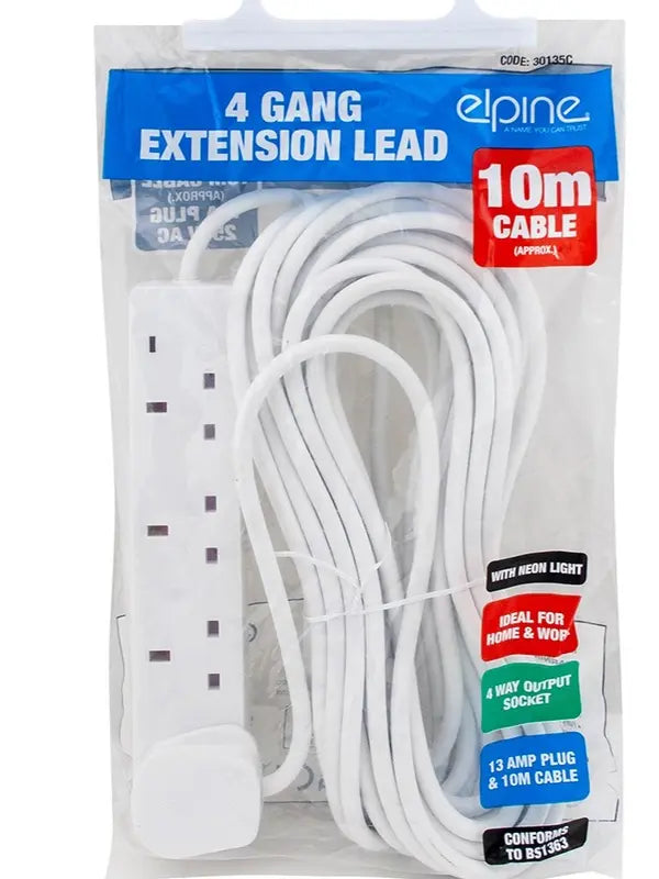 4 Way 10M, 4 Way 5M Extension Lead with Neon Indicator